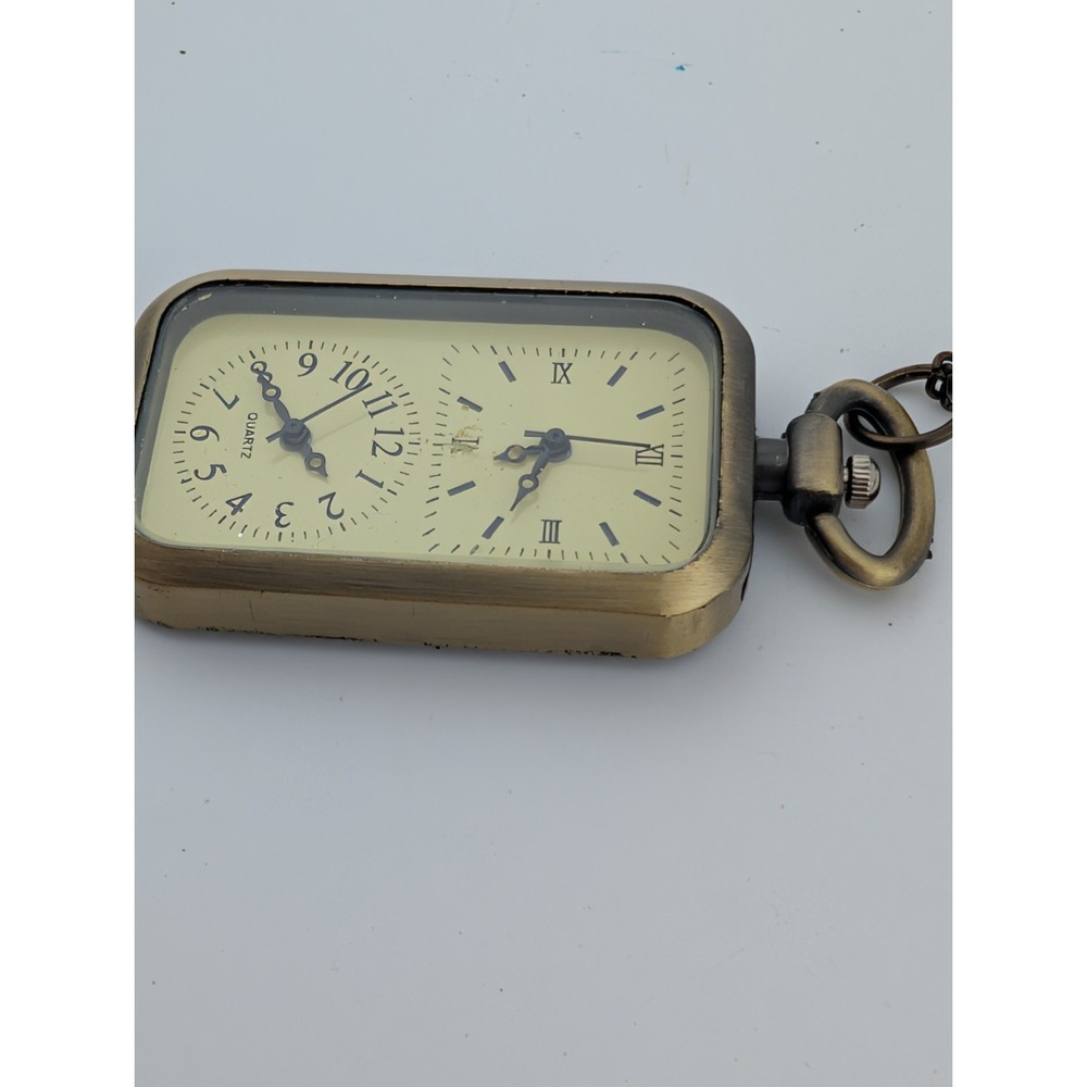 Bronze Tone Dual Time Quartz Analog Pendant Watch w/ Chain New Battery - Picture 3 of 4